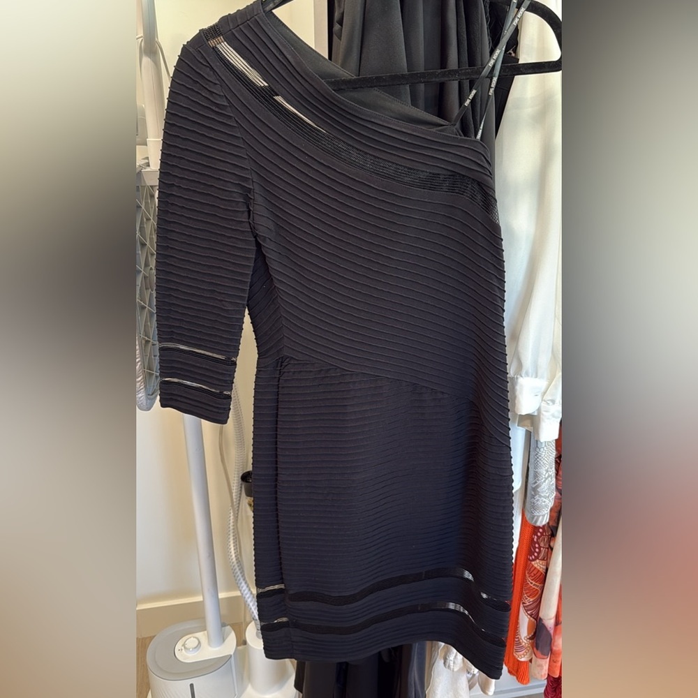 Tadashi Shoji Black Ribbed Asymmetrical Sheath Dress